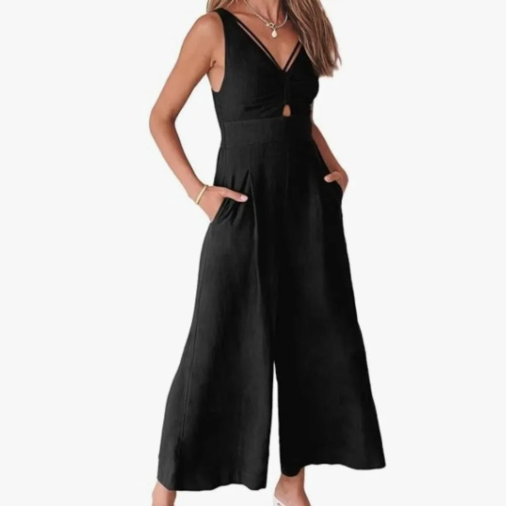 NWOT Jumpsuit Wide Leg Sleeveless V Neck Casual Dressy Linen, size S - Picture 1 of 5